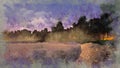 Pond in a park at misty dusk watercolor sketch