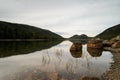 Pond with reeds and rocks and forested hills in the background Royalty Free Stock Photo