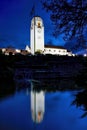 Pond reflection of the Boise Train depot at night