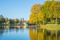 Pond in Riga, district agenskalsns. Autumn, yellow tree leaves,