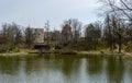 The pond and ruins of medieval castle in the magnificent Cesis Castle Park Royalty Free Stock Photo