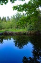 The pond is separated by stones, calm blue water on a clear day in the garden. Green trees and oak leaves over the pond. Royalty Free Stock Photo