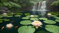 A serene pond with lily pads and a waterfall in a natural landscape setting Royalty Free Stock Photo