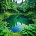 pond surrounded by trees in the middle of forest filled with green leaves and