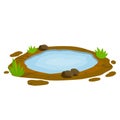 Pond And Swamp, Lake. Landscape With Grass, Stones. Background For Illustration. Flat Cartoon. Platform And Ground