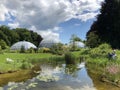 Pond or Teich and Tropenhaus - Botanical Garden of the University of Zurich or Botanischer Garten der Universitaet Zuerich Royalty Free Stock Photo