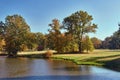 Pond and trees in the garden of the Muskauer park during autumn