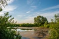 Pond and trees in the rays of the morning sun and blue sky with clouds. Royalty Free Stock Photo