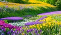 Pond water colorful wild flowers hillside calm scene landscape