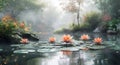 a pond with water lilies and plants, in the style of hazy, dreamlike quality, light gray and orange