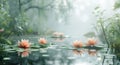 a pond with water lilies and plants, in the style of hazy, dreamlike quality, light gray and orange