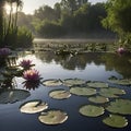 Pond of water lilies under the morning sun background. AI-Generated. Royalty Free Stock Photo