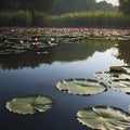 Pond of water lilies under the morning sun background. AI-Generated. Royalty Free Stock Photo