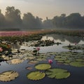 Pond of water lilies under the morning sun background. AI-Generated. Royalty Free Stock Photo