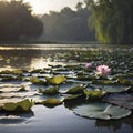 Pond of water lilies under the morning sun background. AI-Generated. Royalty Free Stock Photo