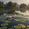 Pond of water lilies under the morning sun background. AI-Generated. Royalty Free Stock Photo