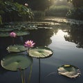 Pond of water lilies under the morning sun background. AI-Generated. Royalty Free Stock Photo