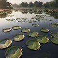 Pond of water lilies under the morning sun background. AI-Generated. Royalty Free Stock Photo