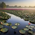 Pond of water lilies under the morning sun background. AI-Generated. Royalty Free Stock Photo