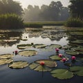 Pond of water lilies under the morning sun background. AI-Generated. Royalty Free Stock Photo