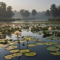 Pond of water lilies under the morning sun background. AI-Generated. Royalty Free Stock Photo