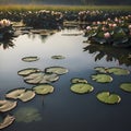 Pond of water lilies under the morning sun background. AI-Generated. Royalty Free Stock Photo