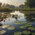 Pond of water lilies under the morning sun background. AI-Generated. Royalty Free Stock Photo