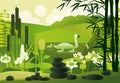 Pond with water plants, swans, bamboo and massage stones Royalty Free Stock Photo