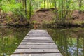 A pond with a wooden bridge with reflections and with yellow leaves is in an autumn forest Royalty Free Stock Photo