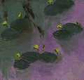 Pond with yellow water lilies, oil painting with volumetric strokes. Autumn landscape. Best for backgrounds, wallpaper, fabric