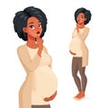 Pondered black pregnant woman with hand on her chin. Vector character.