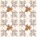 Ponderosa pine cones and branches. Vintage seamless pattern on an unreadable calligraphy background.