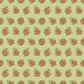 Ponderosa pine cones on green background. Vintage seamless pattern