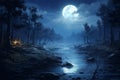 Ponderous Moon night river. Generate Ai Royalty Free Stock Photo