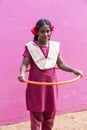 Documentary editorial image. Young child plays With Hula Hoop In Summer Field, in school