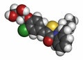Ponesimod anti-inflammatory drug molecule (S1PR1 modulator). Atoms are represented as spheres with conventional color coding: Royalty Free Stock Photo