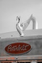 Detail shot of the chrome swan-shaped emblem on the front of a `Peterbilt Motors Company` truck and the insignia on a red backgrou