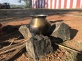 Pongal celebration set up in an Tamilnadu traditional festival with Copper pot and natural stove