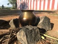 Pongal celebration set up in an Tamilnadu traditional festival with Copper pot and natural stove