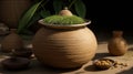 Pongal - harvest festival in India, Clay pot (kalash) with rice, jute pot