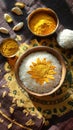 Pongal sun worship with turmeric and rice . Royalty Free Stock Photo