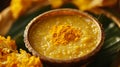 Pongal sun worship with turmeric and rice . Royalty Free Stock Photo