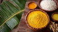Pongal sun worship with turmeric and rice . Royalty Free Stock Photo