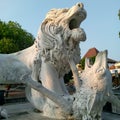 Ponorogo 12 September 2023 White lion statue, two tails, sunlight, tree roof, sky, open mouth Royalty Free Stock Photo
