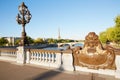 Pont Alexandre III bridge balustrade with Eiffel tower in Paris Royalty Free Stock Photo