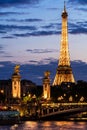 Pont Alexandre III Bridge and Eiffel Tower at night. Paris, Fran Royalty Free Stock Photo