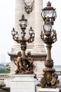 Pont Alexandre III Bridge & x28;Lamp post details& x29; in the morning fog Royalty Free Stock Photo