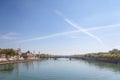 Pont de l`Universite bridge in Lyon, France over a panorama of the riverbank of the Rhone river Quais de Rhone