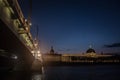 Pont de la Guillotiere bridge in Lyon, France over a panorama of the riverbank of the Rhone river Quais de Rhone at night