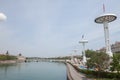 Pont de la Guillotiere bridge in Lyon, France over a panorama of the riverbank of the Rhone river Quais de Rhone